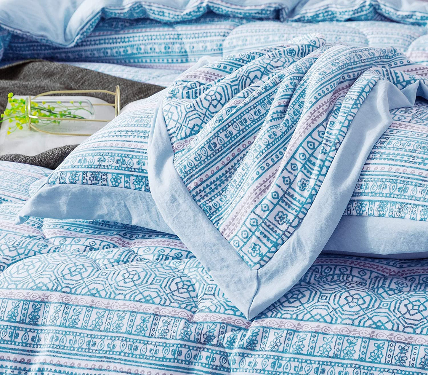Kasentex Floral Quilted Comforter Set with Border Trim Design, Multi Blue, Room Decor, Graduation Gifts