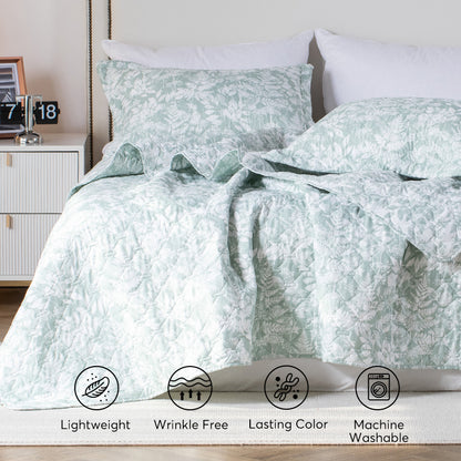Kasentex Spring Lightweight Botanical Green Floral Quilt Set - Light All Season Bedding, Room Decor, Graduation Gifts