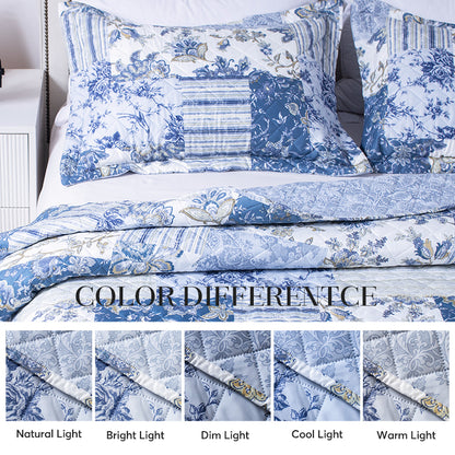 Kasentex Spring Vintage Blue Patchwork Floral Quilt Set - All Season Bedding, Room Decor, Graduation Gifts