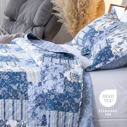 Kasentex Spring Vintage Blue Patchwork Floral Quilt Set - All Season Bedding, Room Decor, Graduation Gifts