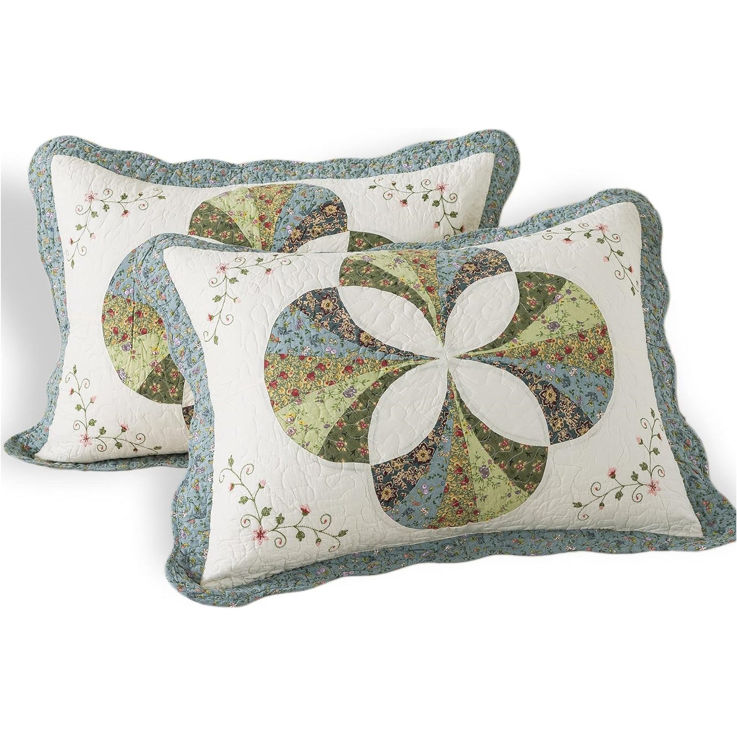 KASENTEX 100% Cotton Sham Ultra Soft with Decorative Floral Print Patchwork Design, Two Standard Shams 20x26, Ivory & Brown