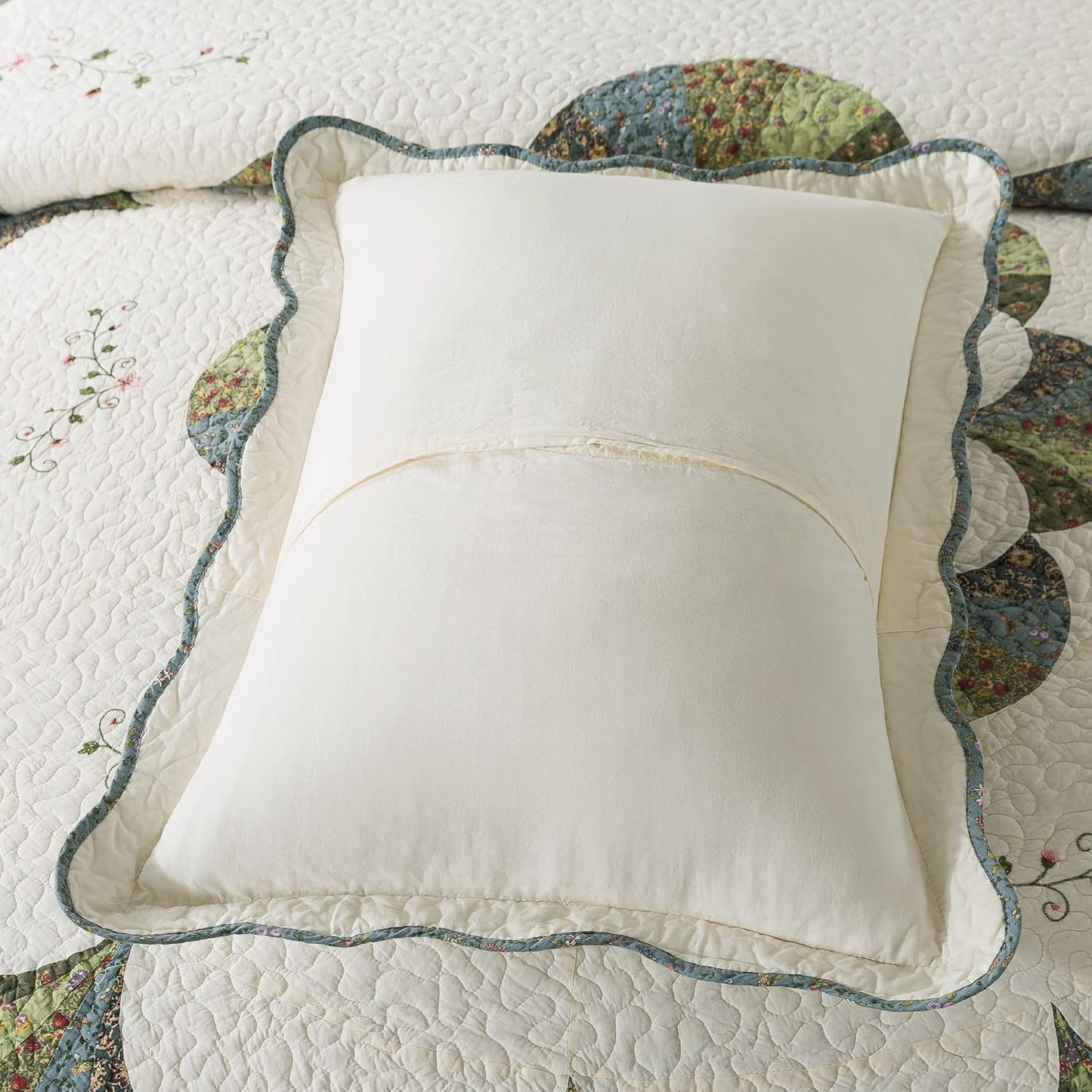 KASENTEX 100% Cotton Sham Ultra Soft with Decorative Floral Print Patchwork Design, Two Standard Shams 20x26, Ivory & Brown