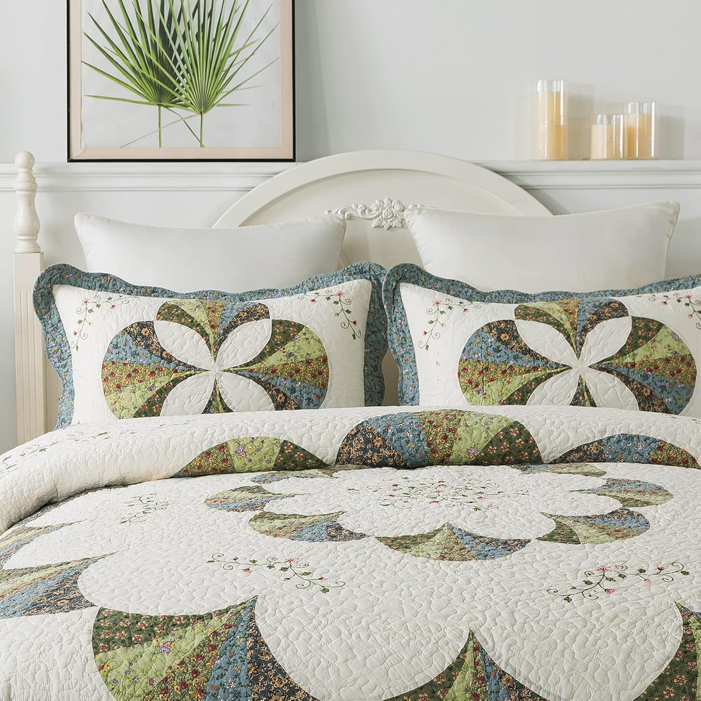 KASENTEX 100% Cotton Sham Ultra Soft with Decorative Floral Print Patchwork Design, Two Standard Shams 20x26, Ivory & Brown