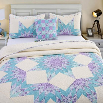 Kasentex 100% Cotton Summer Star Design Embroidered Patchwork Bedspread, Multi Blue