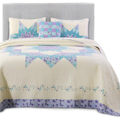 Kasentex 100% Cotton Summer Star Design Embroidered Patchwork Bedspread, Multi Blue