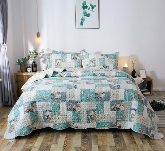 Kasentex Country-Chic Print Pre-Washed Quilt Set Microfiber Fabric. Aqua Green - Kasentex