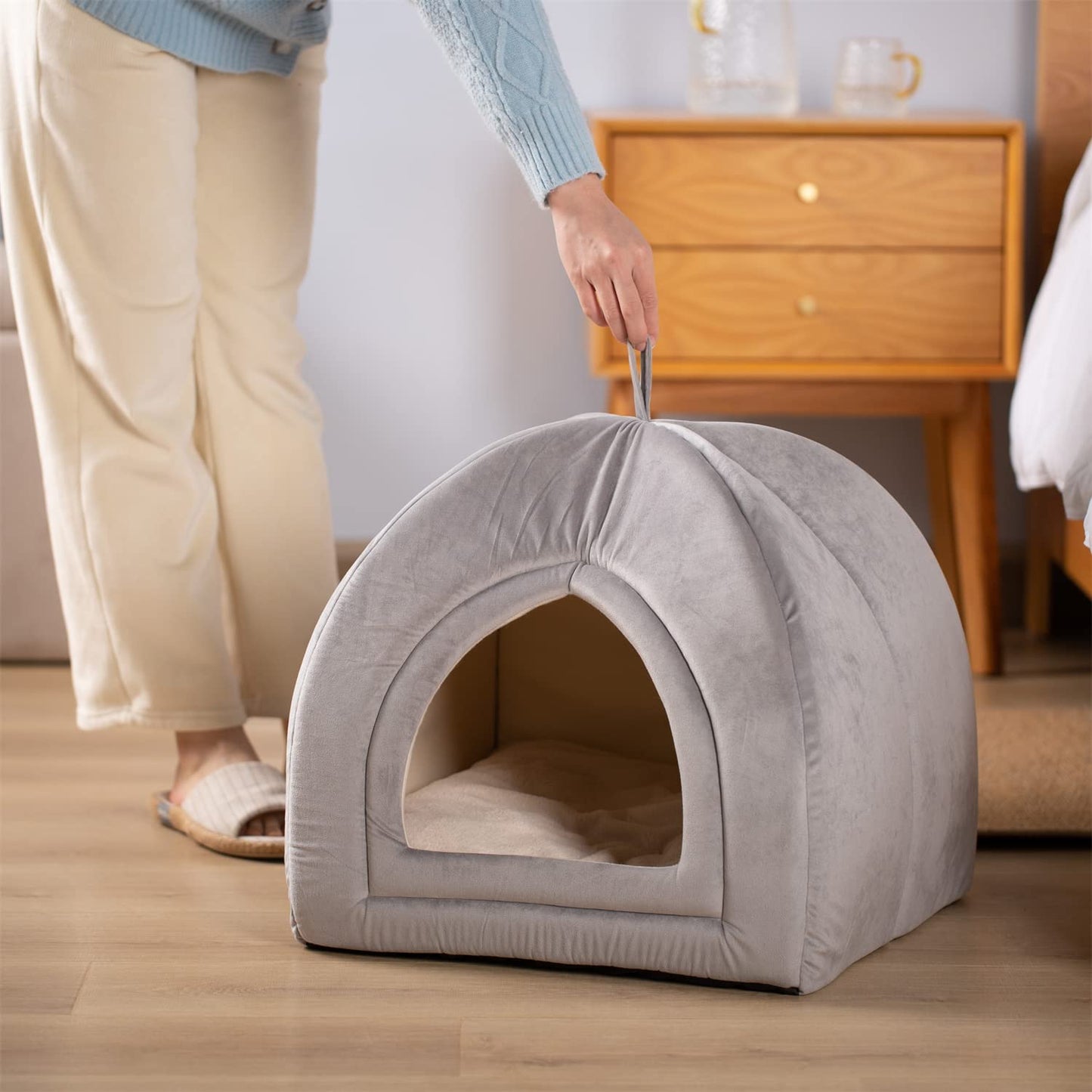 KASENTEX Cat Bed for Indoor Cats, 2-in-1 Cat House Pet Supplies for Large Cat or Small Dog - Animal Cave, Cat Tent with Removable Washable Pillow Cushion