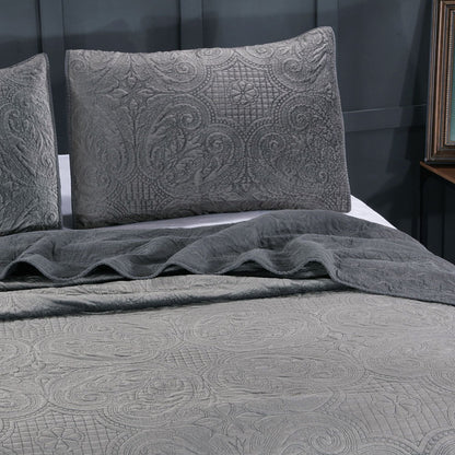 Kasentex Stonewashed Embroidered Floral Design Quilt Set with Pillow Shams, Grey or Blue