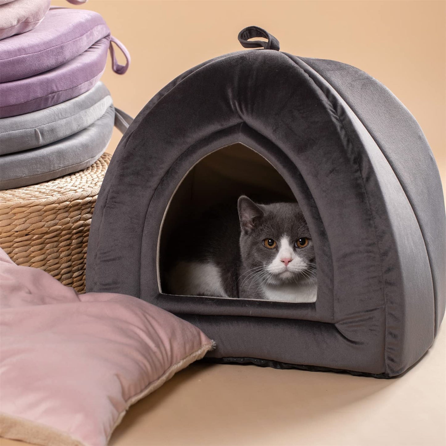 KASENTEX Cat Bed for Indoor Cats, 2-in-1 Cat House Pet Supplies for Large Cat or Small Dog - Animal Cave, Cat Tent with Removable Washable Pillow Cushion