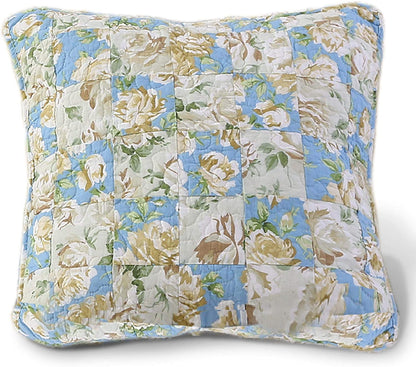 Kasentex 100% Cotton Floral Patchwork Throw Pillow, Blue and Beige