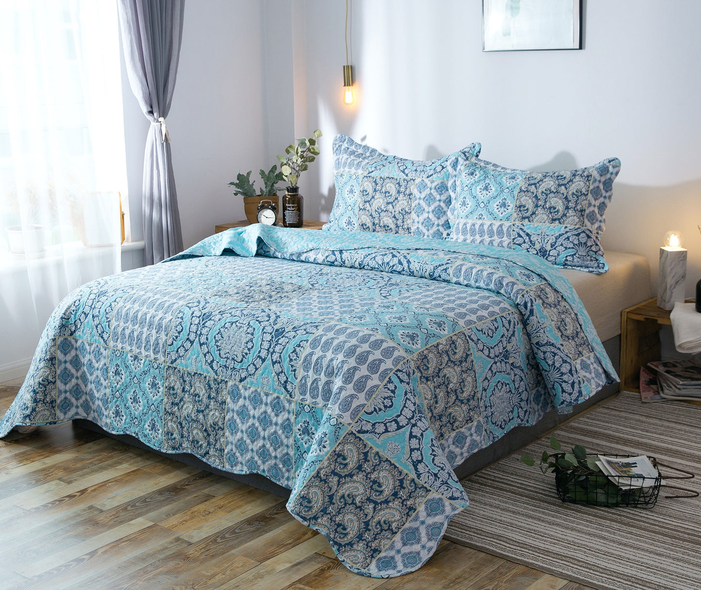 Kasentex Country-Chic Printed Pre-Washed Quilt Set. Microfiber. Airy Blue - Kasentex