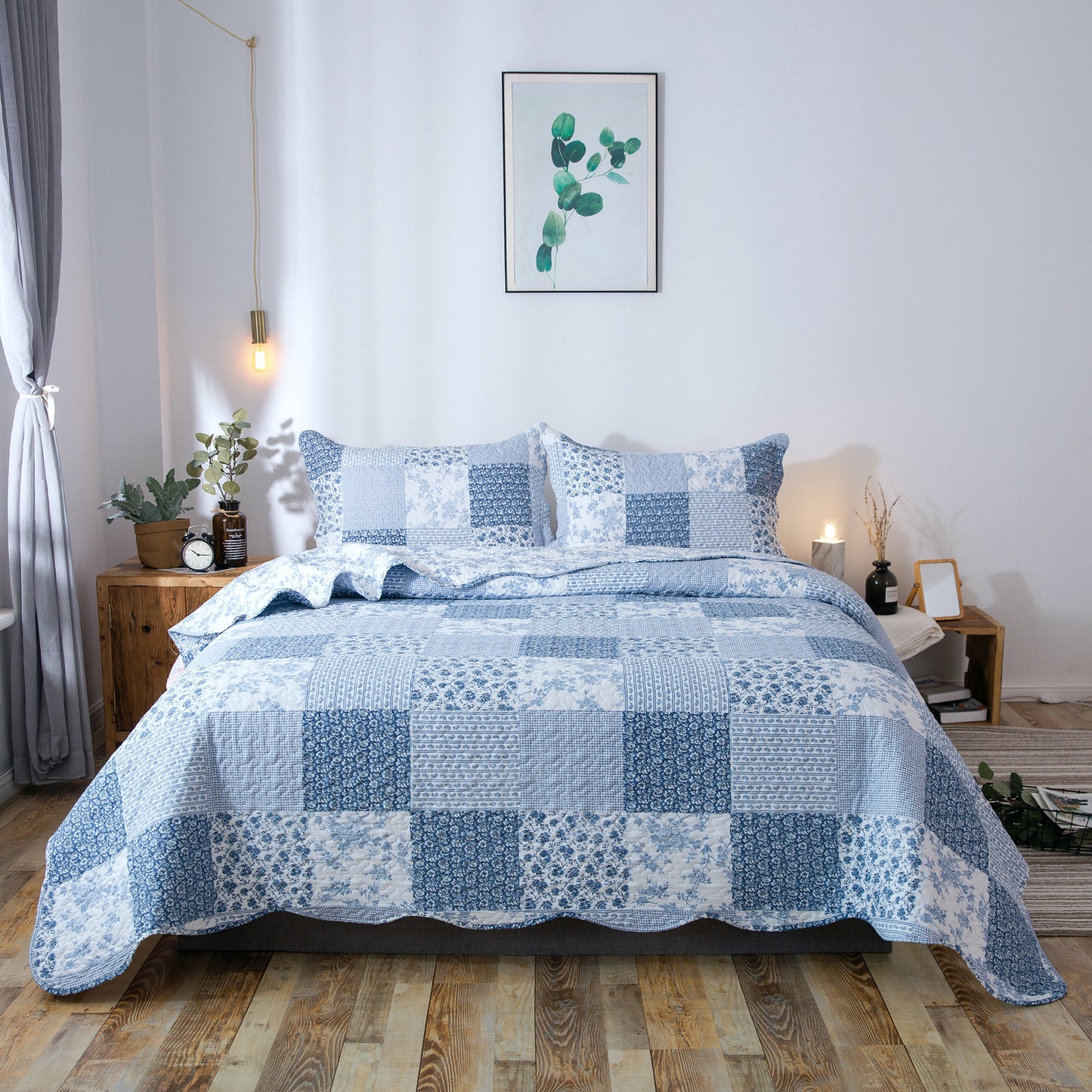 Kasentex Country-Chic Printed Pre-washed Quilt Set. Microfiber Fabric Traditional Multi-Blue - Kasentex