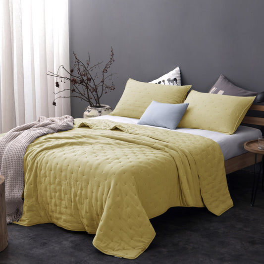 Yellow Dot Stitch Stone Washed Quilt Set