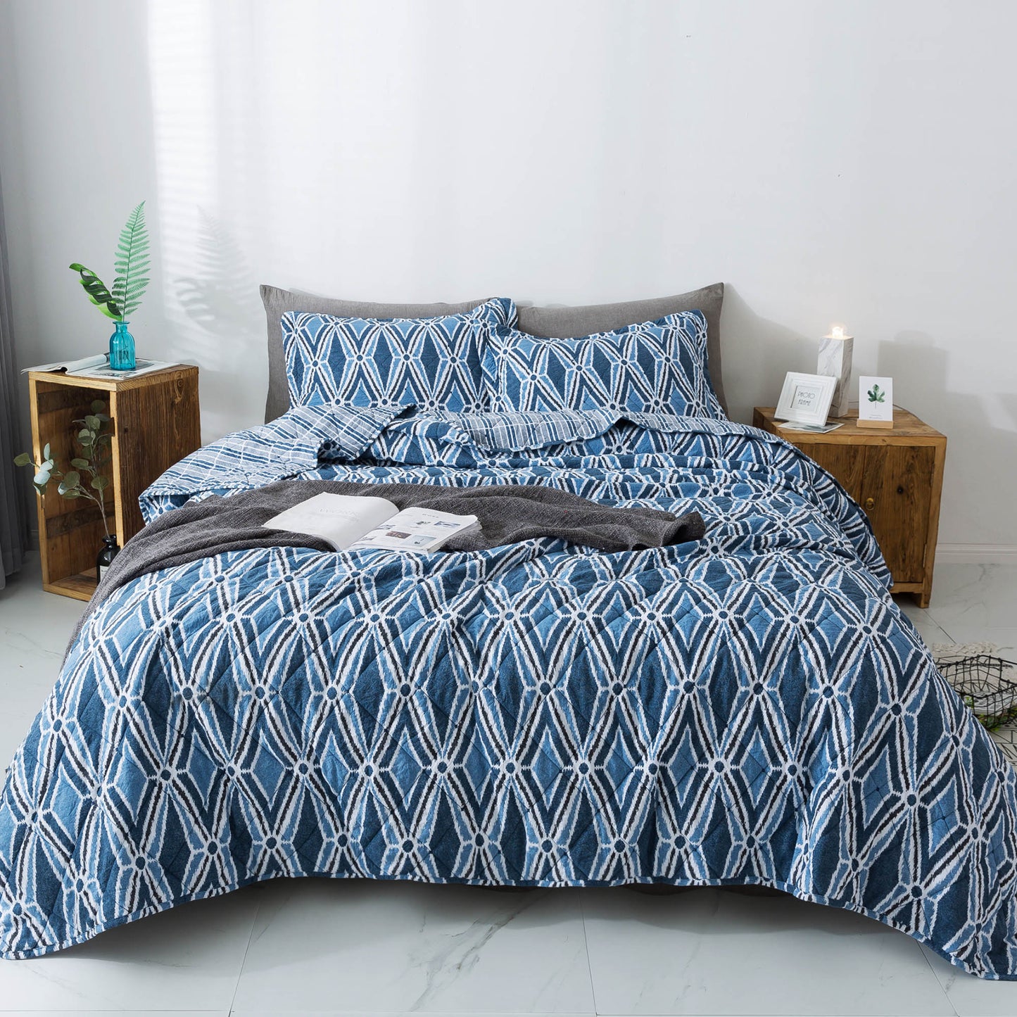 Kasentex Stylish Soft Bedspread Set With Diamond Stitch Reversible Design -True Blue - Kasentex