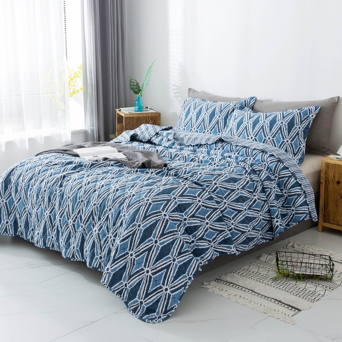 Kasentex Stylish Soft Bedspread Set With Diamond Stitch Reversible Design -True Blue - Kasentex