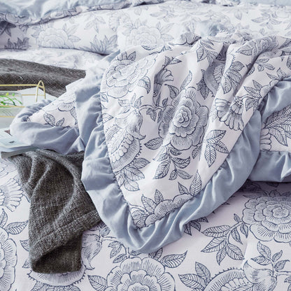 Kasentex Floral Quilted Comforter Set with Border Trim Design, Multi Blue, Room Decor, Graduation Gifts
