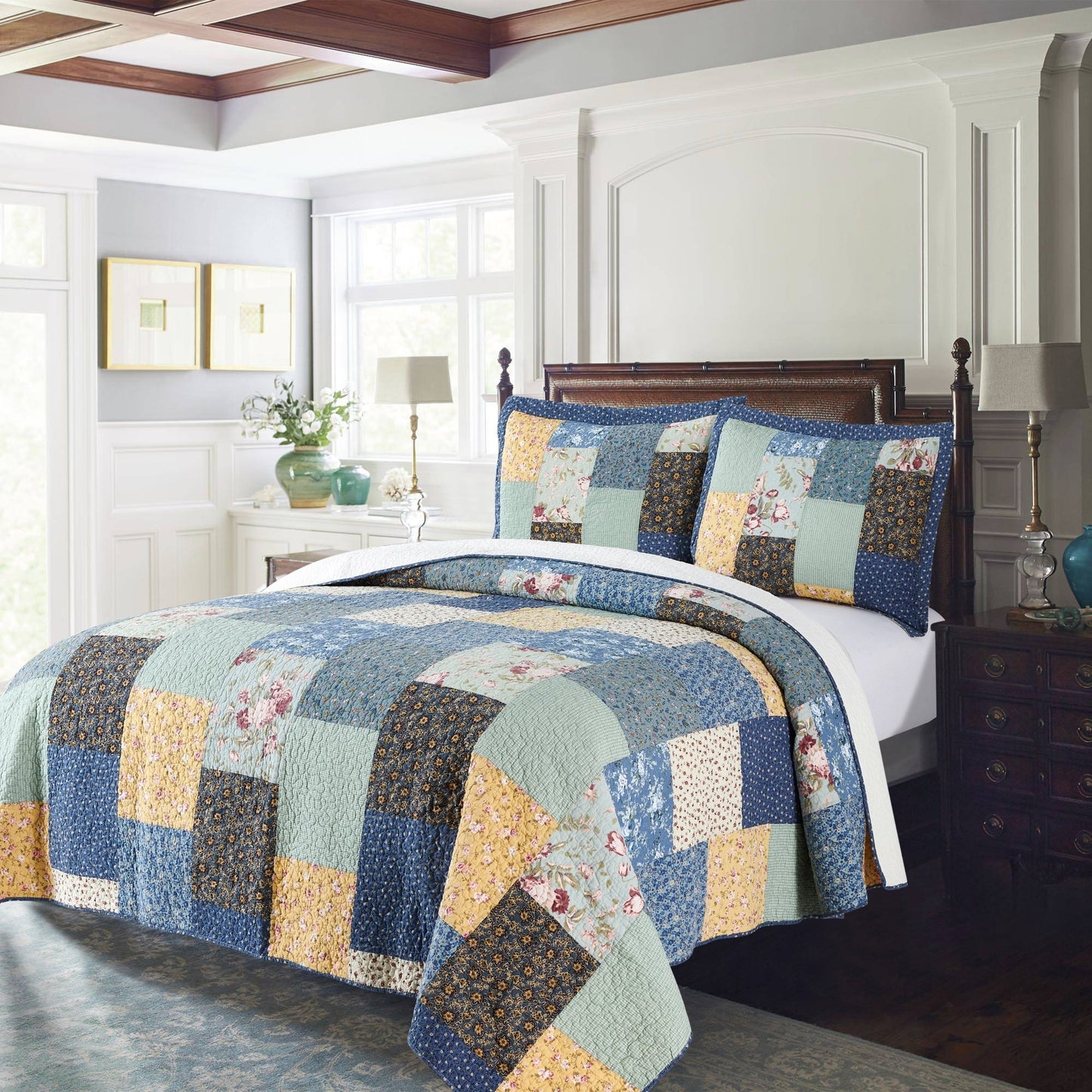 Luxury - Boho Quilt with Decorative Print Patchwork Design, Cotton Soft Bedding - Kasentex