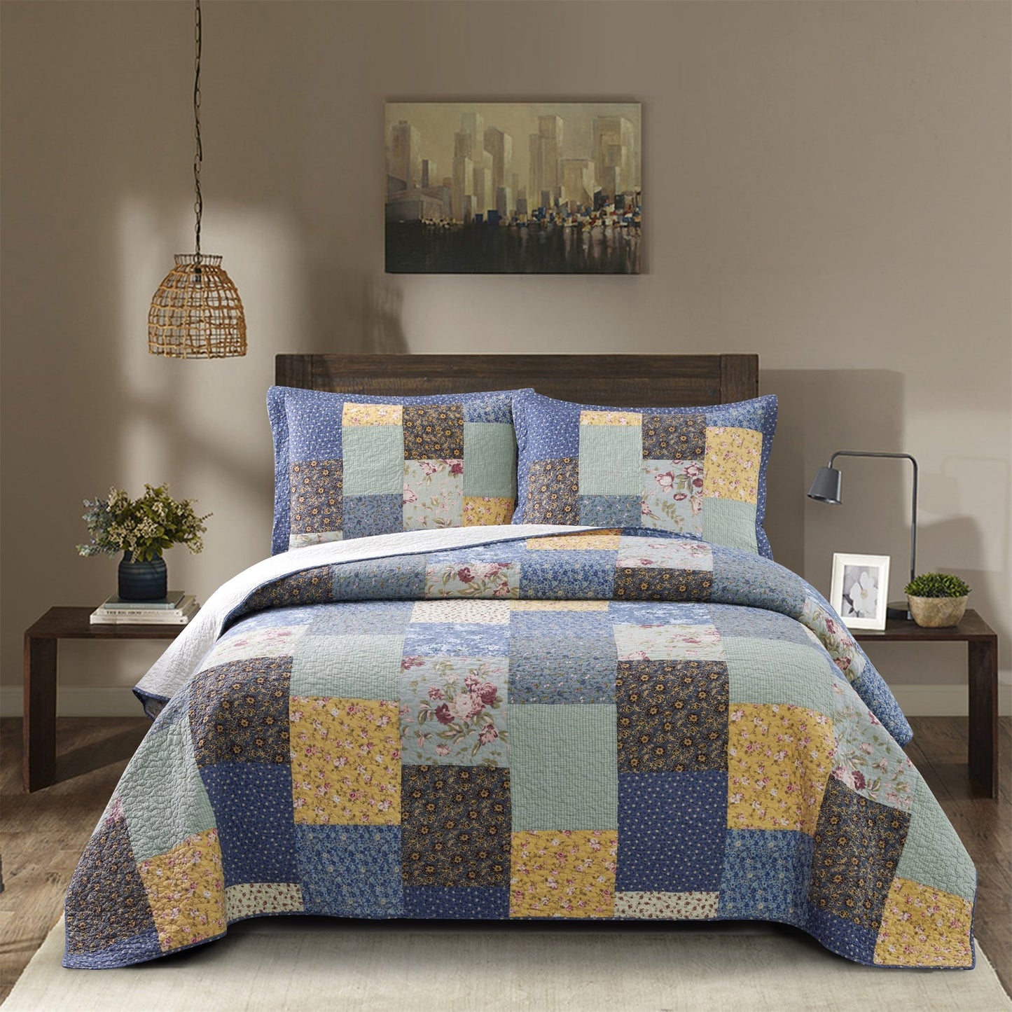 Luxury - Boho Quilt with Decorative Print Patchwork Design, Cotton Soft Bedding - Kasentex