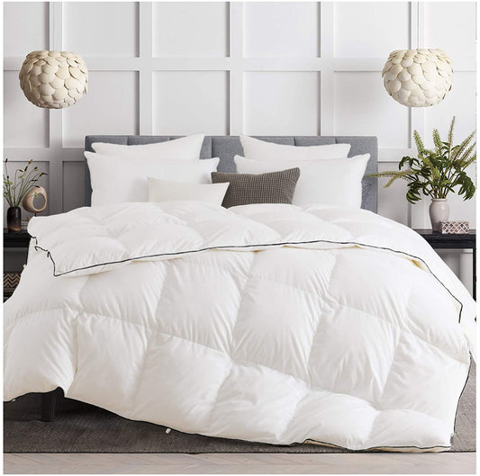 KASENTEX Warm Premium White Goose Down Comforter with Contemporary Black Piped Edge, 100% Cotton Fabric, Hypoallergenic 750 Fill Power 30-54oz, Duvet Insert
