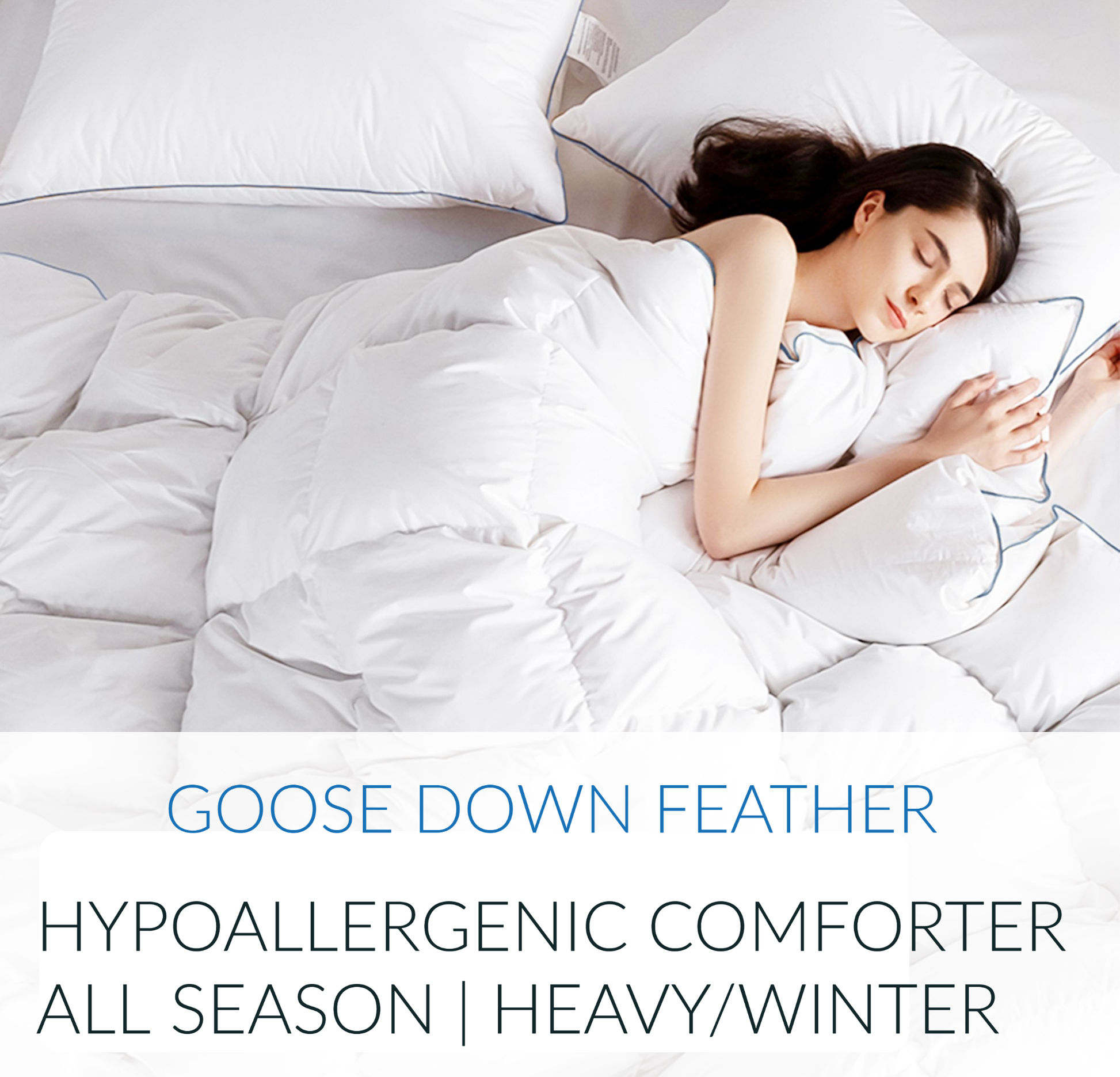 Warm Premium White Down Comforter with Contemporary Blue Piped