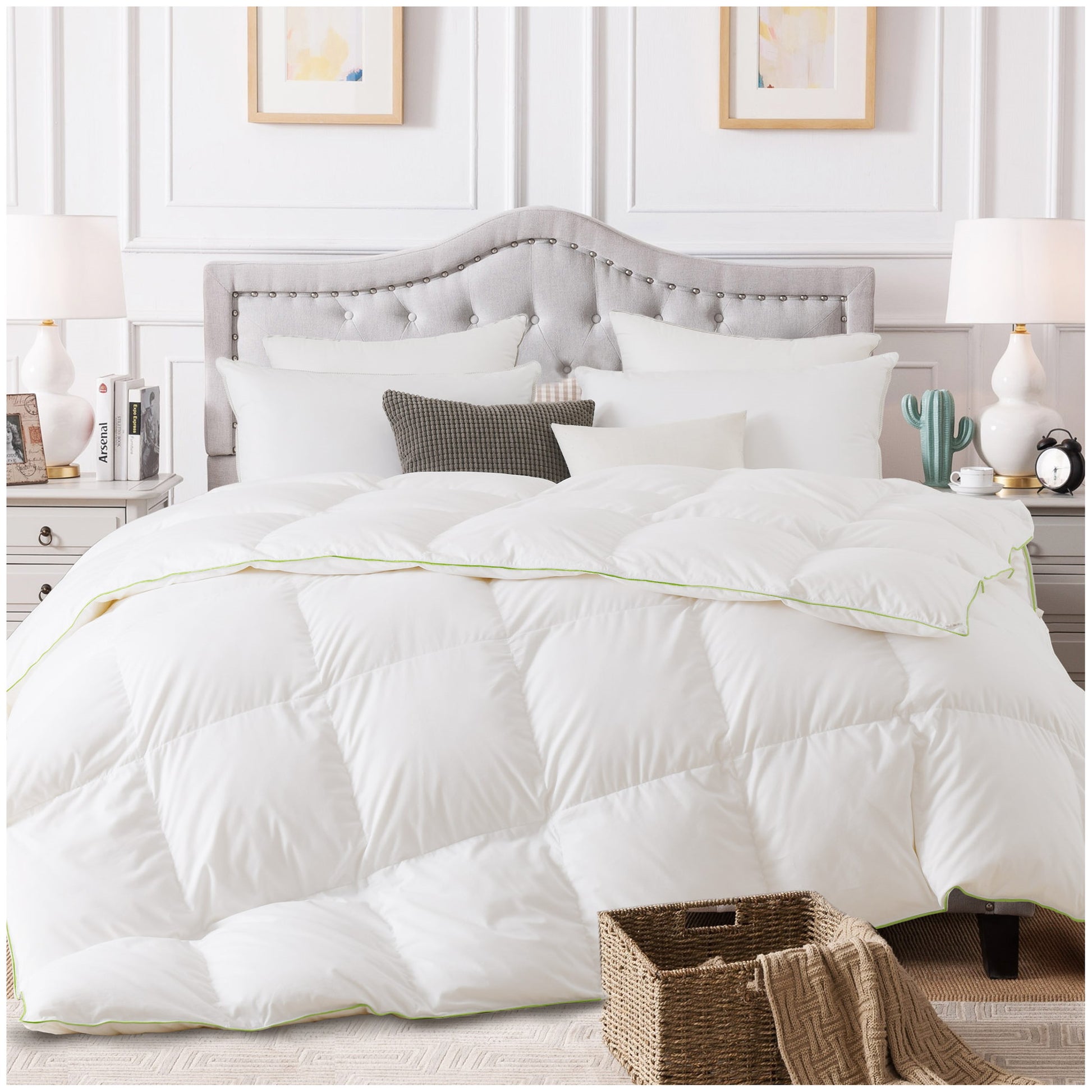 KASENTEX Warm Premium White Goose Down Comforter with Contemporary Green Piped Edge, 100% Cotton Fabric, Hypoallergenic 750 Fill Power 30-54oz, Duvet Insert