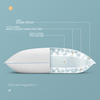 Kasentex Silky Blue Piped Edge King Goose Down Feather Pillow for Bed, White
