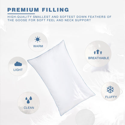 Kasentex Silky Blue Piped Edge King Goose Down Feather Pillow for Bed, White