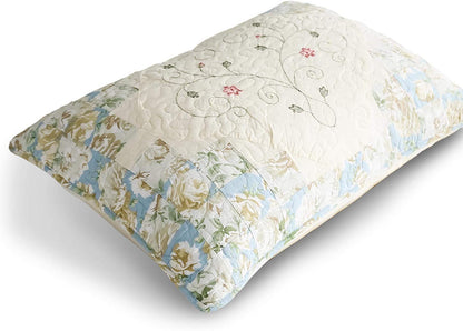 Kasentex 100% Cotton Floral Patchwork Pillow Sham Set, Blue and Beige