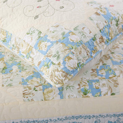 Kasentex 100% Cotton Floral Patchwork Pillow Sham Set, Blue and Beige