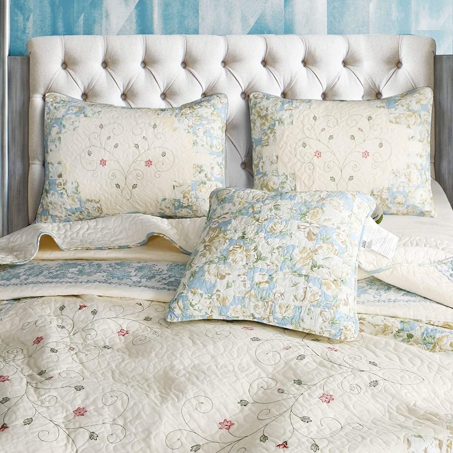 Blue/Beige Patchwork Pillow Sham Set