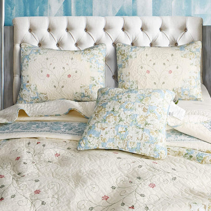 Kasentex 100% Cotton Floral Patchwork Pillow Sham Set, Blue and Beige