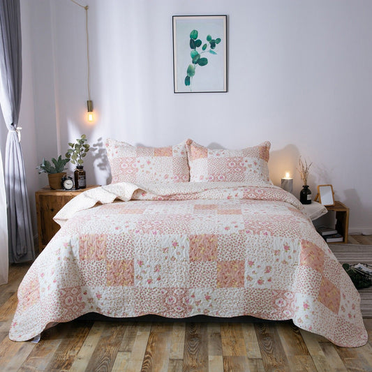 Kasentex Country-Chic Printed Pre-Washed Quilt Set. Microfiber Fabric Multi-Pink - Kasentex